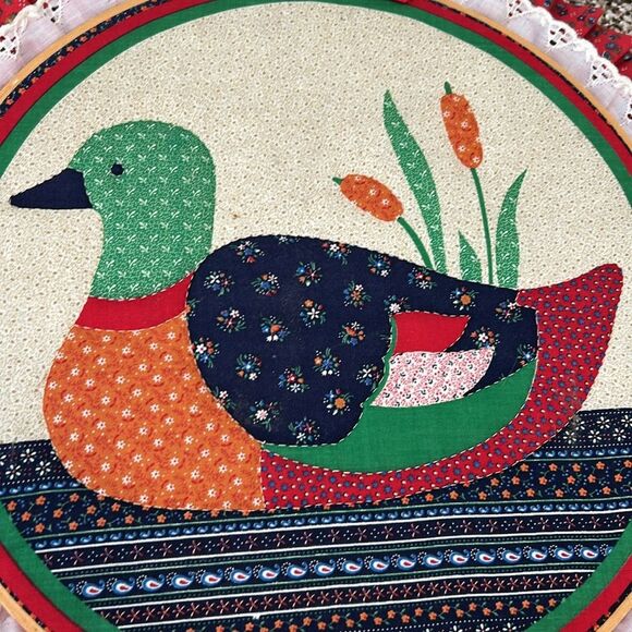Colorful Duck Wall Hanging Handmade Embroidered with Red Trim Art - Picture 3 of 7